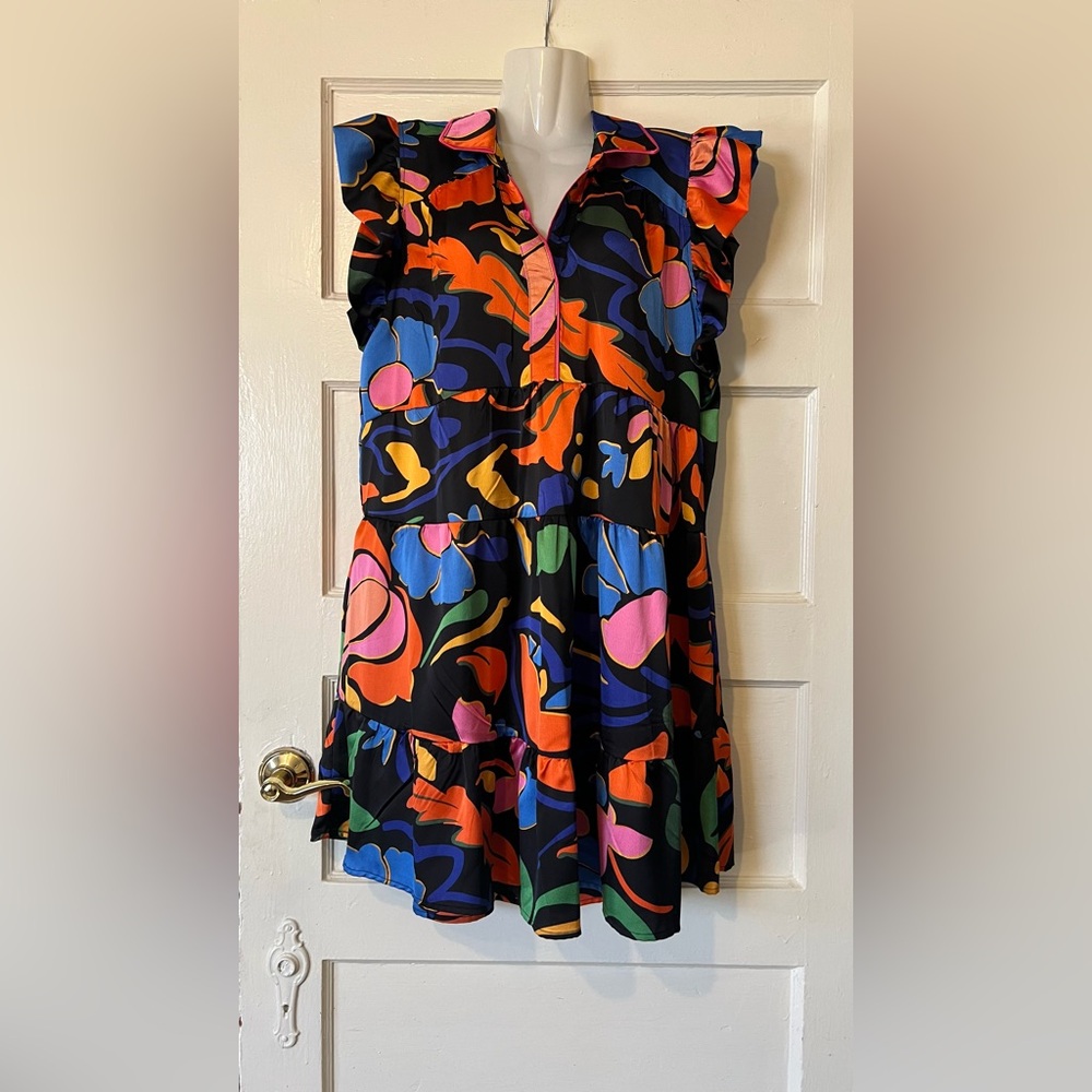 Umgee Black Midi Dress with Bold Multicolor Abstract Floral